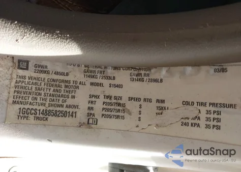 2005 Chevrolet Colorado Fleet from USA, damaged, VIN 1GCCS148858250141